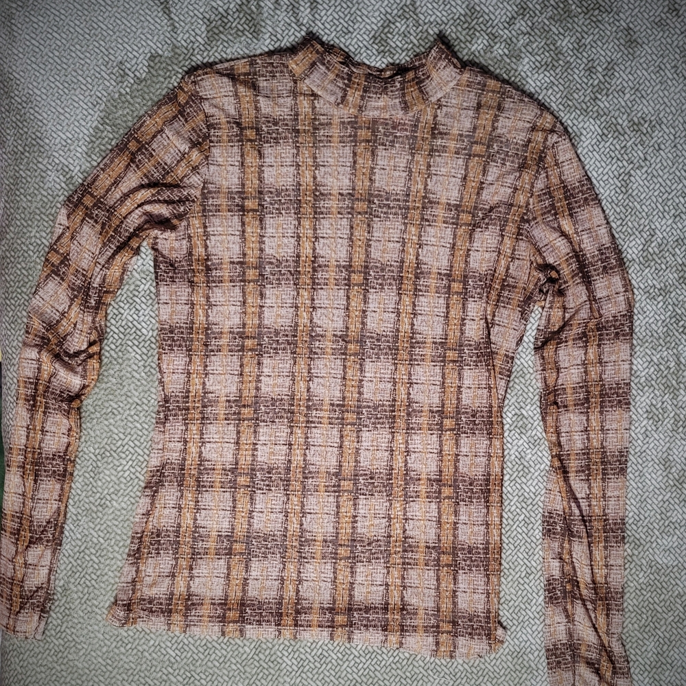 Willow & Root Sheer/Mesh Plaid Mock Neck Top | Size XL (Fits M/L) |